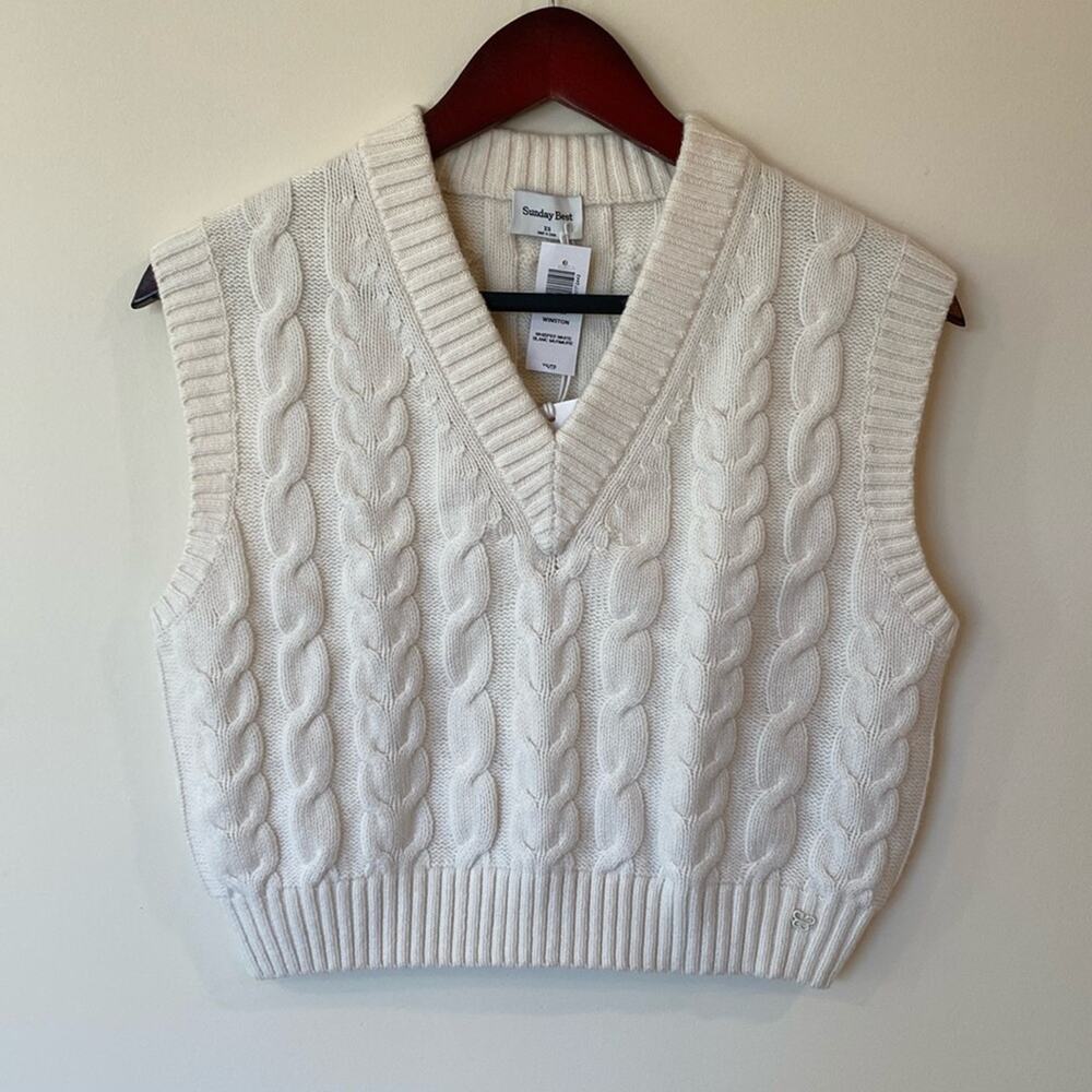 NWT Sunday Best Sz XS Winston Cable Knit Sweater Vest Merino Wool Cropped Preppy